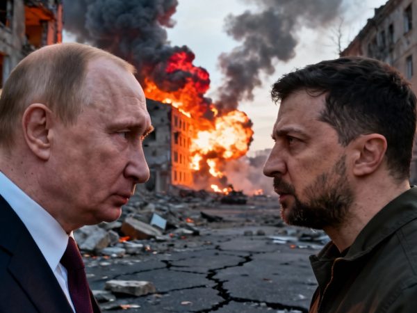 Vladimir Putin and Volodymyr Zelensky facing each other in a war-torn battlefield with smoke and explosions in the background, symbolizing the Russia–Ukraine conflict 2025